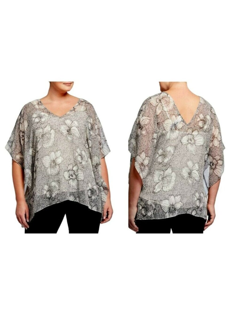 NYDJ Chiffon Caftan Popover Top Orchid Floral V-Neck 2 Pcs Removable Cami 1X NEW